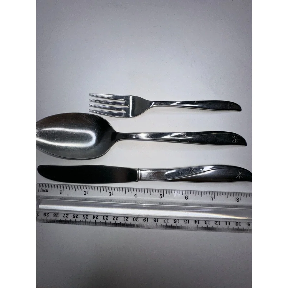 Oneida Community Twin Star MCM Serving Spoon Fork Knife Stainless Flatware  3 Pc